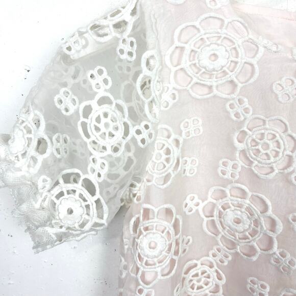 Mae-Li Girls Flower Lace Illusion Dress Short Puff Sleeve Pink Lining Size 7 - Picture 4 of 11